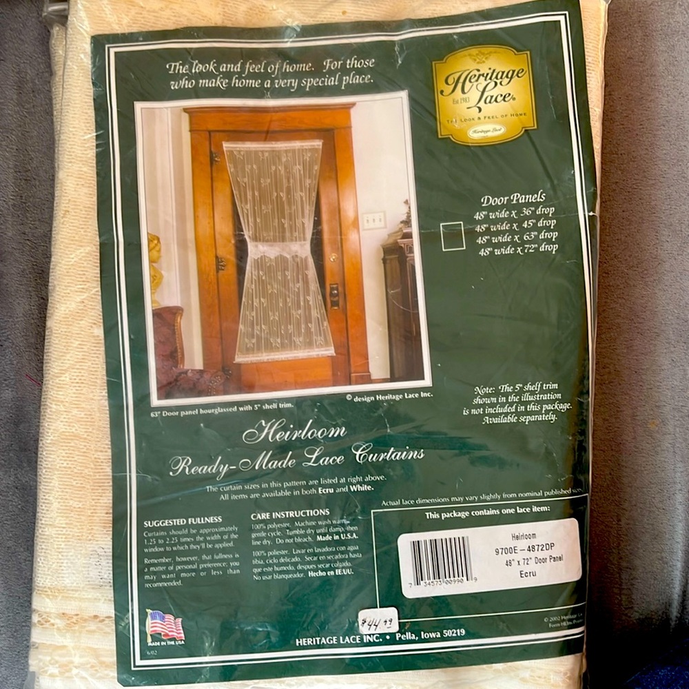 Single panel of Heritage Lace Door Panel style Heirloom 48” x 72” in Ecru